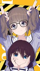  2girls black-framed_eyewear blue_eyes blue_shirt blush brown_hair chinese_commentary closed_mouth commentary_request girls_band_cry glasses grey_eyes hair_between_eyes hands_in_own_hair hands_on_own_cheeks hands_on_own_face highres hina_(girls_band_cry) iseri_nina long_hair looking_at_viewer low_twintails multiple_girls school_uniform shirt short_hair short_twintails twintails yun_cao_bing 