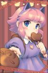  animal_ears annie_hastur blue_eyes blush candy cat_ears chocolate dakun fake_animal_ears league_of_legends lollipop looking_at_viewer mouth_hold pink_hair short_hair solo striped striped_background valentine 