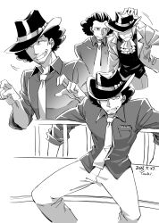  ^_^ absurdres ace_attorney ace_attorney_investigations ace_attorney_investigations_2 afro ascot black_hair bow closed_eyes dressing_another facial_hair greyscale grin hands_up hat hat_bow highres male_focus miles_edgeworth monochrome multiple_views necktie notepad putting_on_headwear railing shigaraki_tateyuki short_hair sleeves_rolled_up smile suit youki_lee 