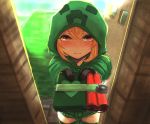  at2. blonde_hair blush bomb creeparka creeper dynamite gift gloves heart highres hoodie incoming_gift looking_at_viewer minecraft parka personification pov red_eyes short_hair solo thighhighs valentine 