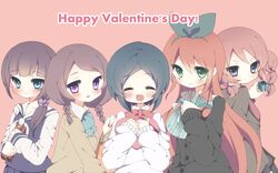  blue_eyes blush braid brown_hair closed_eyes eyes_closed gift gouenji_yuuka green_eyes hair_ribbon happy_valentine inazuma_eleven inazuma_eleven_(series) inazuma_eleven_go kosaka_yukie kousaka_yukie long_hair multiple_girls necktie open_mouth pink_hair ribbon school_uniform serafuku seto_midori short_hair side_ponytail smile sorano_aoi twin_braids valentine watuzi yamana_akane 