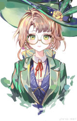  1girl absurdres blue_vest bow brown_hair closed_mouth collared_shirt cropped_torso eyewear_strap feathers fei_zou_yi_guo_gezi flower glasses green_eyes green_feathers green_hat green_jacket hair_bow hat hat_feather hat_flower highres jacket kakania_(reverse:1999) light_smile looking_at_viewer neck_ribbon red_ribbon reverse:1999 ribbon round_eyewear semi-rimless_eyewear shirt solo straight-on under-rim_eyewear upper_body vest waistcoat weibo_logo weibo_watermark white_shirt yellow_bow yellow_flower 