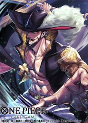  1boy abs bare_pectorals beard belt black_hair closed_mouth coat commentary_request copyright_name cowboy_shot cross_pendant dracule_mihawk facial_hair hat_feather holding holding_sword holding_weapon long_sleeves looking_at_viewer male_focus mustache official_art one_piece one_piece_card_game pectorals ringed_eyes short_hair solo sword tobo_katsuo weapon yellow_eyes 