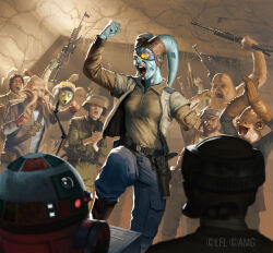  2girls 6+boys alien arm_up artificial_eye astromech_droid belt blue_pants blue_skin brown_shirt clenched_hand colored_skin green_skin gun helmet highres holding holding_gun holding_weapon indoors jacket layered_sleeves lekku_(anatomy) long_sleeves mechanical_eye mon_calamari multiple_boys multiple_girls open_clothes open_jacket open_mouth pants quarren rodian shirt short-sleeved_jacket short_over_long_sleeves short_sleeves star_wars star_wars_legion twi'lek watermark weapon wilmar_ballespi wookiee 