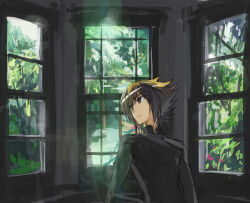  1boy black_shirt branch brown_eyes brown_hair building dappled_sunlight facing_viewer forest house indoors leaf leaning_to_the_side looking_to_the_side moribuden nature shirt sunlight tree window yu-gi-oh! yu-gi-oh!_gx yuki_judai 