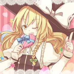  bow braid hair_bow hat heart kirisame_marisa ribbon solo touhou valentine watase-ya wink witch witch_hat 