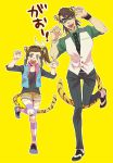  1girl age_difference animal_ears bow braid brown_eyes brown_hair facial_hair fangs father_and_daughter hair_bow kaburagi_kaede kaburagi_t_kotetsu kemonomimi_mode necktie one_side_up paw_pose short_hair shorts side_ponytail simple_background standing_on_one_leg striped striped_legwear stubble tagu tail thigh-highs thighhighs tiger_&amp;_bunny tiger_ears tiger_tail vest waistcoat zettai_ryouiki 