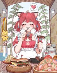  1girl :3 ^_^ ahoge akami_karubi animal animal_ear_fluff animal_ears blush bowl burger cat cat_ears cat_girl closed_eyes collar commentary dress eating facing_viewer food fork fried_rice hamburger_steak hands_up happy hashtag-only_commentary heart highres holding holding_fork holding_spoon indie_virtual_youtuber lamp name_tag plant plate puffy_short_sleeves puffy_sleeves red_dress redhead short_sleeves smile solo spoken_heart spoon twintails upper_body virtual_youtuber yurai0739 