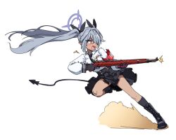  1girl artpatient black_socks blue_archive blush boots dark-skinned_female dark_skin dust full_body grey_hair gun hair_over_one_eye holding holding_gun holding_weapon iori_(blue_archive) kneehighs leg_up long_hair necktie open_mouth pointy_ears red_eyes rifle shell_casing simple_background skirt socks solo tail twintails weapon white_background 