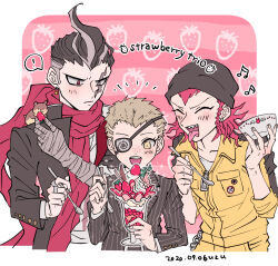  3boys :d animal artist_name black_hair black_hat blush bowl braid cowboy_shot cup danganronpa_(series) danganronpa_2:_goodbye_despair dated eyepatch food fruit grey_eyes grey_hair hamster hamster_on_shoulder hat heterochromia holding holding_bowl holding_cup holding_spoon ice_cream jacket kuzuryu_fuyuhiko maga-g male_focus medium_hair multicolored_hair multiple_boys parfait pink_hair pink_scarf red_eyes scarf sharp_teeth smile soda_kazuichi spoon strawberry striped_clothes striped_jacket tanaka_gundham teeth two-tone_hair upper_teeth_only uzu_(uzusio55) white_background yellow_jacket 