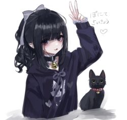  1girl animal arm_at_side arm_up bell black_cat black_hair blunt_bangs bow cat commentary_request cropped_torso grey_bow grey_ribbon hair_bow heart highres hood hood_down hoodie jishou_210 lace-trimmed_sleeves lace_trim long_sleeves looking_at_viewer medium_hair neck_bell original ponytail puffy_long_sleeves puffy_sleeves purple_hoodie ribbon simple_background sleeves_past_wrists solo violet_eyes w white_background 