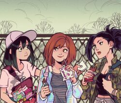  3girls asui_tsuyu bag black_hair blush_stickers boku_no_hero_academia chibi_totoro chocolate crop_top english_commentary eye_contact food gabriel_picolo highres holding jacket light_brown_hair looking_at_another medium_hair multiple_girls open_mouth pocky ponytail shirt short_hair shoulder_bag single_sidelock smile t-shirt totoro upper_body uraraka_ochako yaoyorozu_momo 