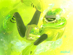  1boy acid acid_man afloat arm_guards armor black_bodysuit bodysuit boots breastplate bubble commentary_request from_side green_armor green_theme hamaki_(hitowatari) helmet humanoid_robot industrial_pipe knee_boots legs_up looking_at_viewer male_focus mask mega_man_(classic) mega_man_(series) mega_man_11 mouth_mask narrowed_eyes no_humans red_eyes robot robot_ears solo tube turning_head twitter_username underwater 