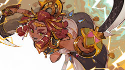  1girl blue_lips bracelet breasts circlet commentary_request crown dark-skinned_female dark_skin gem gerudo green_eyes holding holding_sword holding_weapon jewelry lipstick long_hair looking_at_viewer luminous_slime makeup neck_ring open_mouth perspective pointy_ears redhead riju smile solo sword the_legend_of_zelda the_legend_of_zelda:_tears_of_the_kingdom thick_eyebrows weapon 