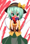  blush covering covering_face covering_mouth gift green_eyes green_hair hat hat_ribbon heart heart_of_string komeiji_koishi okumari ribbon shirt short_hair skirt solo tears touhou valentine 