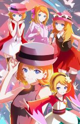  1girl black_thighhighs blonde_hair blue_eyes blush breasts dress eyelashes eyewear_on_headwear hat highres japanese_clothes long_hair looking_at_viewer open_mouth pokemon pokemon_(anime) pokemon_journeys pokemon_xy_(anime) red_skirt ridd-li serena_(pokemon) shirt short_hair skirt sleeveless sleeveless_duster sleeveless_shirt smile sunglasses thigh-highs white-framed_eyewear 
