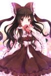  adapted_costume alternate_costume bow brown_eyes brown_hair chocolate covering_mouth detached_sleeves dress frilled_sleeves gift hair_bow hair_tubes hakurei_reimu heart long_hair miko nunucco ribbon solo touhou valentine 