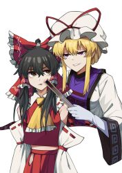  2girls black_hair blonde_hair bow brown_eyes detached_sleeves dress gloves hakurei_reimu hand_fan hat highres long_hair mob_cap multiple_girls neckerchief onionmay purple_dress red_bow red_shirt red_skirt shirt skirt touhou violet_eyes white_gloves yakumo_yukari yellow_neckerchief 