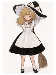  1girl apron arms_up black_footwear black_hat black_skirt blonde_hair bloomers border bow braid broom buttons closed_mouth collared_shirt commentary_request full_body grey_background hair_bow hat hat_bow highres holding holding_broom kirisame_marisa long_sleeves looking_to_the_side medium_hair one_eye_closed outside_border pocket puffy_long_sleeves puffy_sleeves red_bow shadow shirt shoes simple_background single_braid skirt socks solo standing touhou white_apron white_bloomers white_border white_bow white_shirt white_socks witch_hat yellow_eyes yujup 