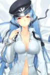  1girl bed bed_sheet beong-eoli blue_hair blush breasts collarbone cuffs dress_shirt handcuffs hat impossible_clothes long_hair lowres luthica_preventer lying midriff naked_shirt necktie on_back open_clothes open_mouth open_shirt peaked_cap red_eyes shirt solo sweat sword_girls twintails 