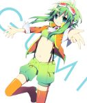  boots character_name goggles goggles_on_head green_eyes green_hair grin gumi headphones jacket looking_at_viewer megpoid_(vocaloid3) midriff navel outstretched_arms short_hair shorts simple_background smile solo soranagi spread_arms suspenders thigh-highs thigh_boots thighhighs vocaloid 