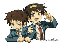  2boys :d artist_name blazer brown_eyes brown_hair collared_shirt commentary_request fang genderswap genderswap_(ftm) green_jacket highres jacket kita_high_school_uniform kyon long_sleeves male_focus multiple_boys necktie open_clothes open_jacket open_mouth red_necktie school_uniform shirt short_hair skin_fang smile suzumiya_haruhi_no_yuuutsu suzumiya_haruhiko sweatdrop tatsuki_kurisu tongue twitter_username watermark white_shirt winter_uniform 