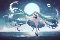  1girl absurdly_long_hair absurdres ahoge aqua_eyes back_bow backlighting bare_shoulders black_bow black_footwear blue_hair bow bowtie character_name commentary crossed_legs deog3 dress elbow_gloves floating_hair full_moon gloves gradient_background hair_between_eyes halter_dress halterneck hatsune_miku high_heels highres long_hair miku_symphony_(vocaloid) moon pleated_dress pleated_skirt short_dress skirt smile solo standing thigh-highs twintails two-tone_bow very_long_hair vest vocaloid water_drop watson_cross white_bow white_gloves white_thighhighs 