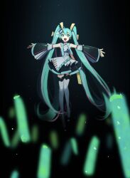  1girl aqua_eyes aqua_hair aqua_nails black_sleeves blurry concert dark_background depth_of_field detached_sleeves english_commentary full_body glowstick hair_between_eyes hair_ornament hatsune_miku hatsune_miku_expo headphones headset highres jidu_que_mi_de_xiao_caocao light_particles long_hair looking_at_viewer multicolored_hair music open_mouth outstretched_arms pink_hair singing skirt smile solo_focus spotlight streaked_hair thigh-highs twintails very_long_hair vocaloid white_thighhighs wide_sleeves 