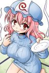  akou_roushi blush breasts fork ghost hat hitodama large_breasts looking_at_viewer naked_sweater pink_hair plate red_eyes ribbed_sweater saigyouji_yuyuko solo sweater touhou 