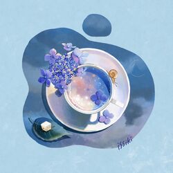  artist_name blue_background blue_theme bubble cup drink flower food_focus hydrangea issiki_toaki leaf no_humans original puddle purple_flower snail tea teacup 