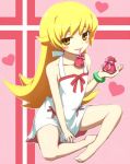  bare_legs bare_shoulders barefoot blonde_hair blush bracelet dress fang feet gift heart indian_style jewelry long_hair looking_at_viewer monogatari_(series) mouth_hold negija nisemonogatari oshino_shinobu sitting solo white_dress yellow_eyes 