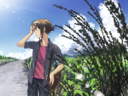  1boy bag blue_sky brown_bag brown_eyes brown_hair clouds dappled_sunlight dress_shirt duffel_bag facing_to_the_side gravel grey_pants grey_shirt hair_up hand_on_own_head leaf looking_to_the_side male_focus moribuden outdoors pants red_shirt road shirt sky sunlight tree wheat yu-gi-oh! yu-gi-oh!_gx yuki_judai 