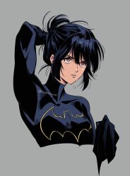  1girl batgirl batman_(series) black_hair breasts brown_eyes cassandra_cain dc_comics grey_background highres hokkemaruyaki mask medium_breasts muscular muscular_female ponytail simple_background twitter_username tying_hair unworn_mask upper_body 