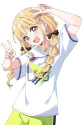  1girl black_ribbon blonde_hair braid commentary cropped_legs double_v fang fujita_kotone gakuen_idolmaster green_shorts hair_ribbon haru_(konomi_150) highres idolmaster light_blush long_hair looking_at_viewer low_twin_braids open_mouth ribbon shirt short_sleeves shorts simple_background skin_fang solo t-shirt twin_braids v white_background white_shirt yellow_eyes 