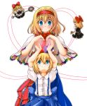  alice_margatroid alice_margatroid_(pc-98) apron blonde_hair blue_eyes capelet dress_shirt dual_persona hairband heart heart_hands heart_hands_duo highres multiple_girls shanghai_doll shirt short_hair skirt suspenders time_paradox tori_(flatspice) touhou touhou_(pc-98) 