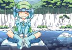  ^_^ backpack bag blue_hair butterfly_sitting cliff closed_eyes eyes_closed grin hair_bobbles hair_ornament hat indian_style kawashiro_nitori key monosenbei open_mouth randoseru river rock rubber_boots short_hair sitting skirt smile solo touhou tree twintails v_arms water winwinmater 