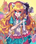  1girl animal_ears bad_id blonde_hair blue_eyes dress flower frills hat long_hair looking_at_viewer microphone microphone_stand open_mouth potcherry seeu smile solo sparkle very_long_hair vintage_microphone vocaloid 