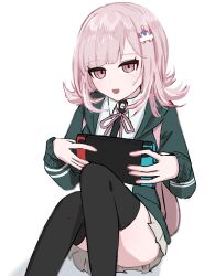  1girl :d ass black_shirt black_thighhighs brown_hair brown_skirt danganronpa_(series) danganronpa_2:_goodbye_despair feet_out_of_frame flipped_hair handheld_game_console highres holding holding_handheld_game_console jacket long_sleeves medium_hair miniskirt nanami_chiaki neck_ribbon nia_(nya_nanjr) nintendo_switch open_clothes open_jacket open_mouth pink_ribbon pleated_skirt ribbon shirt simple_background skirt smile spaceship_hair_ornament thigh-highs two-tone_shirt white_shirt 