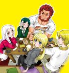  3boys ahoge bear beard blonde_hair blush casual chopsticks closed_eyes eating eyes_closed facial_hair fate/zero fate_(series) food formal from_above gilgamesh green_hair hiyosan irisviel_von_einzbern jeans multiple_boys multiple_girls necktie pant_suit perspective ponytail red_hair redhead rider_(fate/zero) saber simple_background sleeves_rolled_up suit t-shirt waver_velvet white_hair 