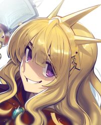  1girl boa_(brianoa) book brooch cagliostro_(granblue_fantasy) crown granblue_fantasy highres jewelry long_hair looking_at_viewer open_book portrait smile solo violet_eyes white_background 