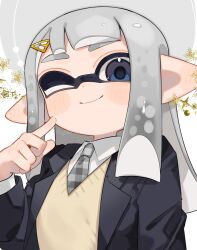  1girl blazer blue_eyes blue_jacket blush_stickers closed_mouth collared_shirt finger_to_cheek grey_hair grey_necktie hair_ornament hairclip hand_up highres index_finger_raised inkling inkling_girl inkling_player_character jacket long_hair long_pointy_ears long_sleeves necktie one_eye_closed open_clothes open_jacket plaid_clothes plaid_necktie pointy_ears sahata_saba school_uniform shirt signature smile solo splatoon_(series) sweater tentacle_hair thick_eyebrows upper_body white_shirt yellow_sweater 