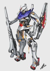  afukuro alternate_design arm_cannon armor artist_name blue_armor full_body gun gundam highres holding holding_gun holding_weapon joints mecha mobile_suit multicolored_armor red_armor rifle robot robot_joints science_fiction shoulder_armor shoulder_fins signature sketch solo strap weapon white_armor white_background yellow_armor yellow_eyes 