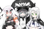  3girls anchorage_hime blue_eyes bodysuit cape elbow_gloves eyebrows gengorou gloves green_eyes grey_hair hands_on_hips kantai_collection machinery midriff monster multiple_girls navel open_mouth pale_skin personification red_eyes sailor_dress silver_hair ta-class_battleship turret white_hair wo-class_aircraft_carrier younger 