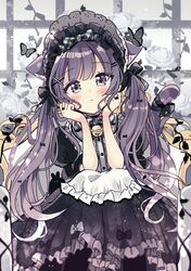  absurdres animal_ears bell bow bug butterfly cat_ears cat_girl flower fushigi_na_neko_no_machi_meltier gosick goth_fashion gothic_lolita hair_ornament highres lolita_fashion original purple_hair rose sakura_oriko solo twintails violet_eyes x_hair_ornament 