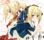  3girls ahoge blonde_hair blue_eyes bow dress dual_persona fate/extra fate/stay_night fate/unlimited_codes fate_(series) hair_bow multiple_girls ponytail redbell84 saber saber_extra saber_lily 