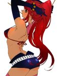  adjusting_hair arched_back ass ateka bikini_top breasts elbow_gloves gloves long_hair looking_back mouth_hold ponytail red_hair redhead scarf short_shorts shorts solo strap_gap tengen_toppa_gurren_lagann thigh-highs thighhighs under_boob underboob white_background yellow_eyes yoko_littner 