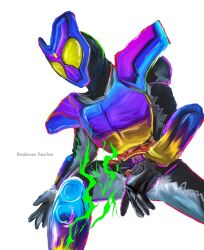  1boy armor black_bodysuit bodysuit henshin_belt_gavv highres kamen_rider kamen_rider_gavv kamen_rider_gavv_(poppingummy_form) kamen_rider_gavv_(series) male_focus obakelope0530 power_armor powering_up purple_armor simple_background solo white_background 