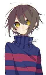  +_+ 1other androgynous arms_at_sides blue_sweater bright_pupils brown_hair chromatic_aberration closed_mouth frisk_(undertale) highres long_sleeves looking_to_the_side other_focus pink_sweater short_hair signature simple_background smile solo striped_clothes striped_sweater sweater takenaka_(takenaka1111) turtleneck turtleneck_sweater two-tone_sweater undertale unusually_open_eyes upper_body white_background yellow_eyes 