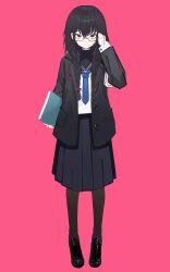  1girl absurdres adjusting_hair black_footwear black_jacket black_skirt blue_necktie book braid chinese_commentary closed_mouth commentary_request full_body glasses hair_over_shoulder hand_up highres holding holding_book jacket loafers long_hair long_sleeves looking_at_viewer necktie original pink_background red_eyes school_uniform shirt shoes simple_background skirt solo standing twin_braids white_shirt wiersa 