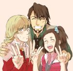  ^_^ age_difference barnaby_brooks_jr blonde_hair bow braid brown_hair closed_eyes double_v eyes_closed facial_hair father_and_daughter glasses green_eyes hair_bow hair_scrunchie hand_on_shoulder hatoyoshi jacket jewelry kaburagi_kaede kaburagi_t_kotetsu multiple_boys necklace necktie one_side_up red_jacket scrunchie side_ponytail stubble tiger_&amp;_bunny v vest waistcoat 